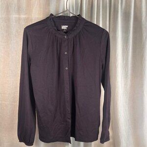 Lands End Knit Button Front Long Sleeve Top with Ruffle Neck in Navy - Size S